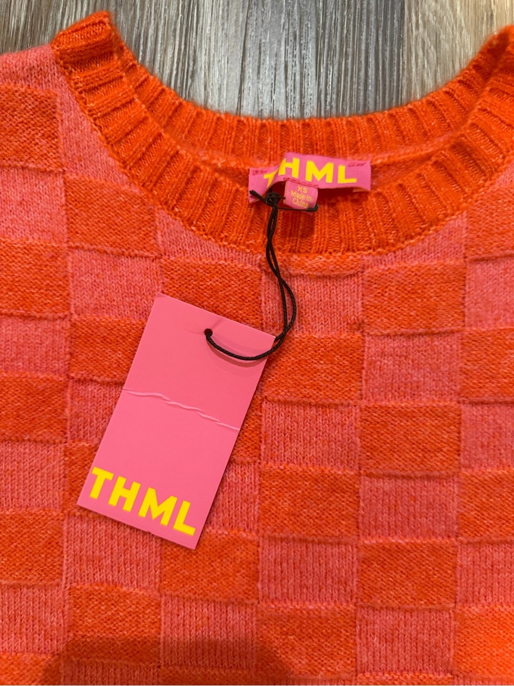 THML Pink and Orange Checker Knit V‑Neck Sweater Vest - Picture 2 of 5